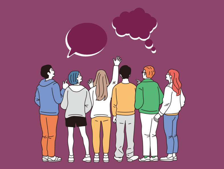 Sex personer står med ryggen mot kameran och tittar på pratbubblor mot en lila bakgrund.