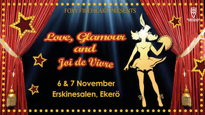Affisch för showen 'Love, Glamour and Joi de Vivre' med siluett av dansare, röda draperier och stjärnor.