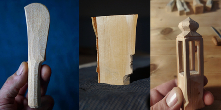 Tre handhållna träföremål i olika stadier av träslöjd, mot olika bakgrunder.