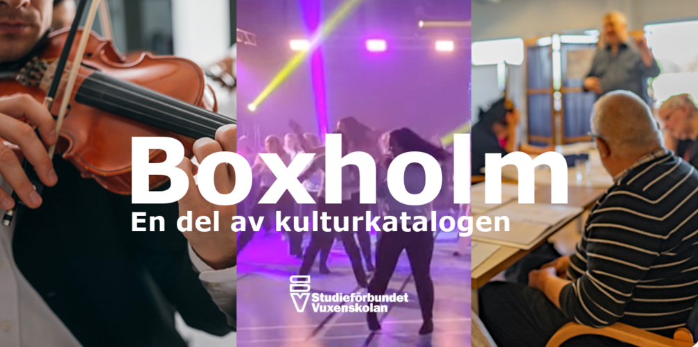 Tre bilder: en person spelar fiol, en grupp dansar på scen, och personer sitter vid ett bord i möte. Text: Boxholm, En del av kulturkatalogen.
