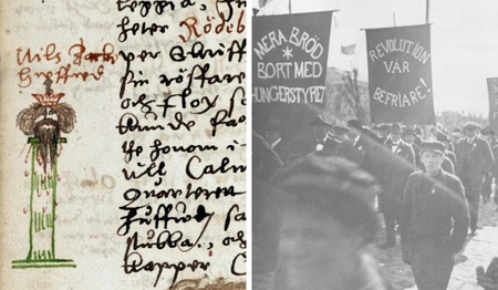 Delad bild: till vänster handskriven text med teckning, till höger svartvit bild på demonstration med banderoller.