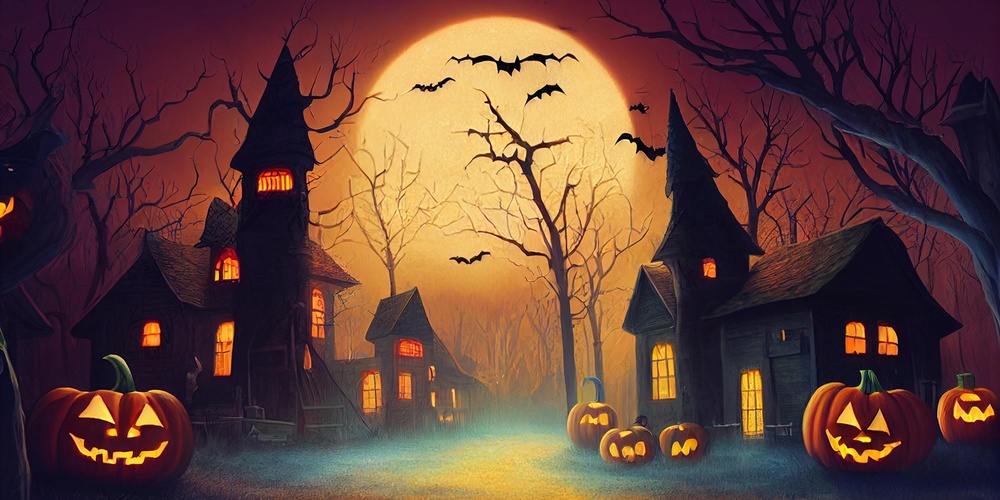 Illustration med mörka silhuetter av hus, träd och fåglar mot en orange himmel med en stor gul måne. Halloweenpumpor med ljus i.