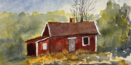 Akvarellmålning av en röd stuga i naturen med blå himmel och gröna träd i bakgrunden.