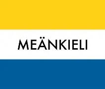 Flagga med tre horisontella fält i gult, vitt och blått samt texten 'MEÄNKIELI' i mitten.