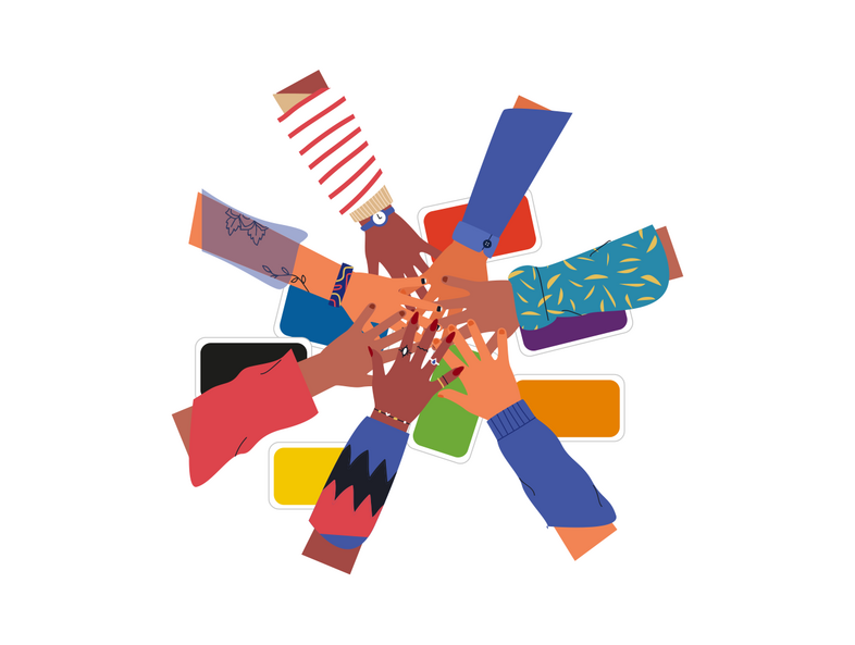 Illustration av flera händer i olika hudtoner och kläder som möts i mitten, symboliserar samarbete och mångfald.