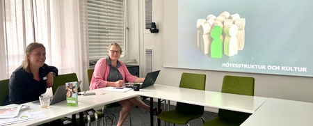 Två personer sitter i ett mötesrum med en presentation projicerad på väggen.