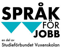 Logotyp med texten 'Språk för jobb, en del av Studieförbundet Vuxenskolan' och två blå trianglar.