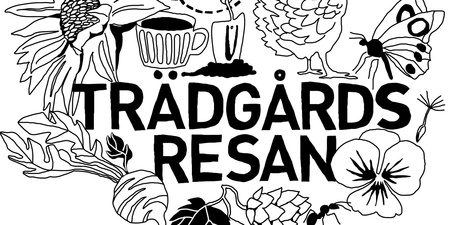 Illustration med texten 'Trädgårdsresan' omgiven av blommor, en höna, en fjäril, en kopp, en spade och ett bi.