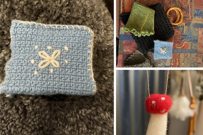 Tre bilder visar handgjorda textilföremål: en broderad blå kudde, stickade lappar och en filtad svampdekoration.