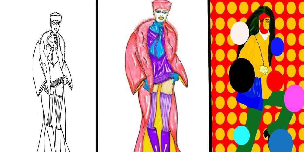 Tre skisser av karaktärer i olika grader av färggläggning. 