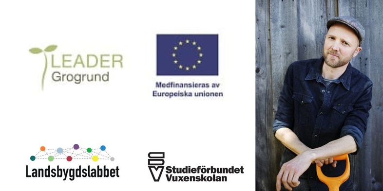 Fyra logotyper för svenska landsbygdsprojekt och EU-finansiering samt en person med spade mot trävägg, ansiktet suddat.