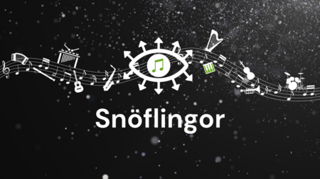 Svart bakgrund med vita noter, instrument och texten 'Snöflingor' samt snöflingor som faller.