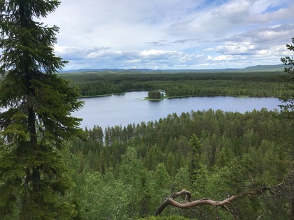 Utsikt över en sjö omgiven av tät skog och en liten ö under en molnig himmel.