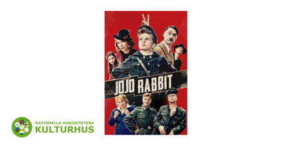 Affisch för filmen Jojo Rabbit med flera personer i uniformer mot röd bakgrund och texten Jojo Rabbit i mitten.