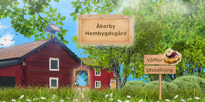 Röd träbyggnad på landet med skyltar om Åkerby Hembygdsgård, våfflor och utställning i grönskande miljö.