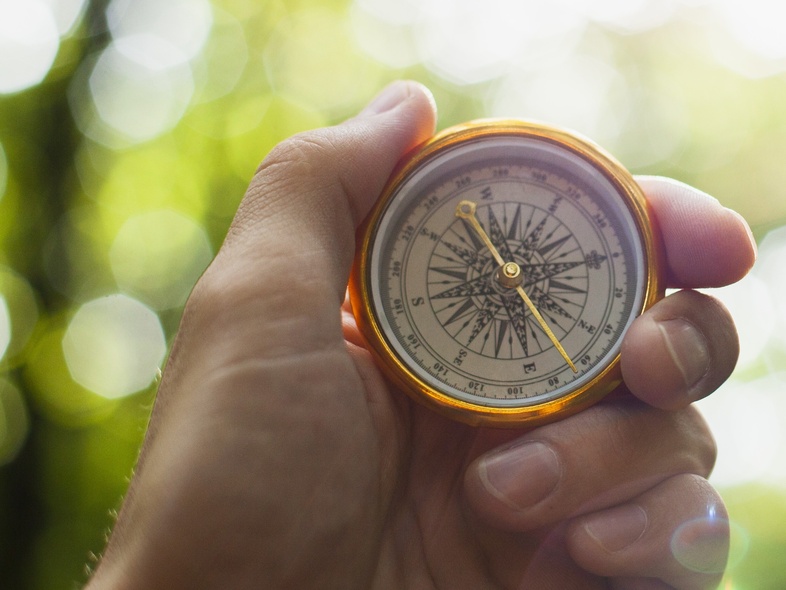 En hand håller en kompass mot en suddig, grön bakgrund utomhus.