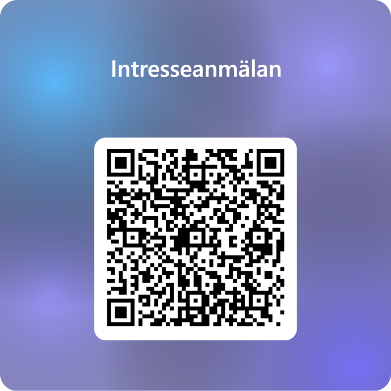 En QR-kod med texten 'Intresseanmälan' ovanför på en blå-lila bakgrund.