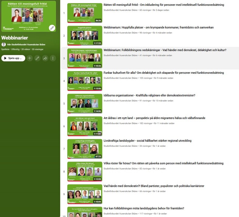 Skärmbild av en YouTube-spellista med webbinarier om demokrati, inkludering och landsbygd.