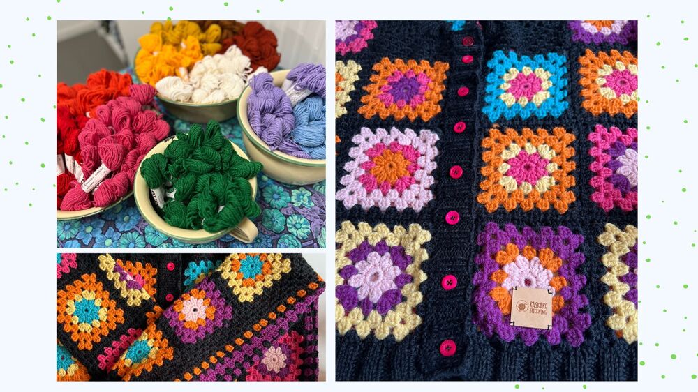 Färgglada garnnystan i skålar och virkade rutor i olika färger på ett plagg.