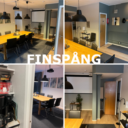 Fyra bilder av ett modernt konferensrum med bord, stolar, projektor och kaffehörna. Texten 'Finspång' syns i mitten.