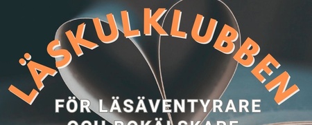 En bok med sidor formade som ett hjärta, texten 'Läskulklubben för läsäventyrare och bokälskare' och en tecknad bokfigur.