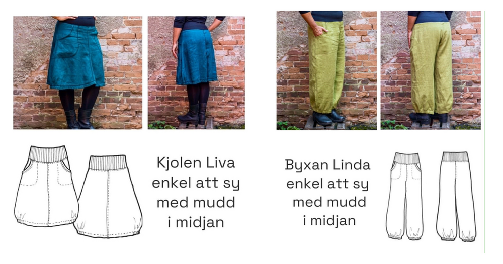 Två plagg, en kjol och ett par byxor, visas framifrån och bakifrån med tillhörande sömnadsmönster och svensk text.