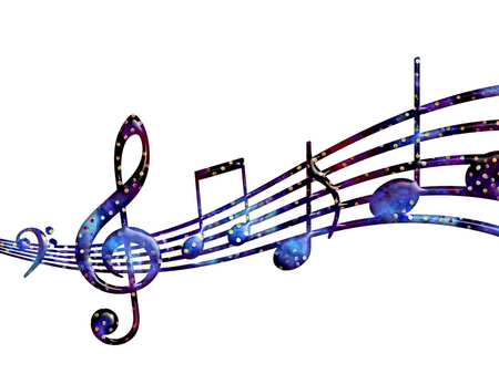 Färgglada noter och en klav på en notrad mot vit bakgrund, med galaxmönster.