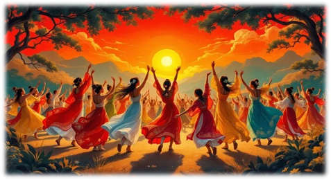 En grupp kvinnor dansar i färgglada klänningar i solnedgången, omgivna av natur och träd.