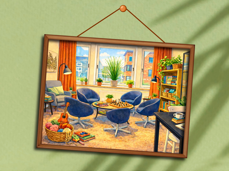 Målning av ett mysigt vardagsrum med blå fåtöljer, växter, böcker och ett schackbräde.