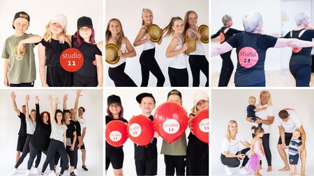 Kollage av dansgrupper i olika åldrar som poserar och dansar i ljusa kläder på Studio 11.