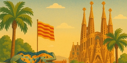 Illustration av Sagrada Familia, en mosaiködla, palmer och en katalansk flagga i Barcelona.