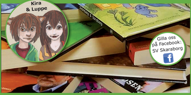 En hög med böcker, en tecknad bild av två figurer med texten 'Kira & Luppe', samt en Facebook-ikon med text.