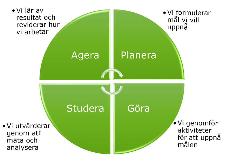Ett grönt cirkeldiagram uppdelat i fyra bitar. I bitarna står det planera, göra, studera och agera.