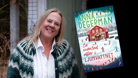 Kvinna i stickad kofta står utomhus bredvid ett bokomslag med vintermotiv och texten 'Anna Holmström Degerman'.