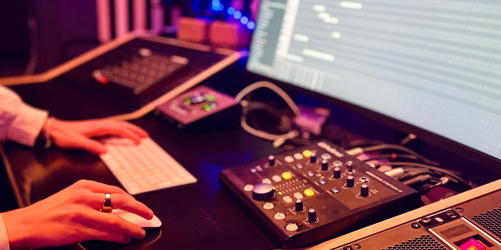 En person arbetar vid en dator i en musikstudio med ljudutrustning och mixerbord.