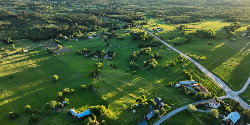 Flygfoto över ett grönt landskap med åkrar, skog och utspridda hus i kvällssol.