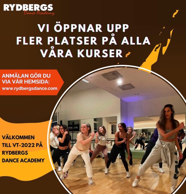 Reklamaffisch för Rydbergs Dance Academy med dansande personer i en spegelsal och information om kursanmälan.