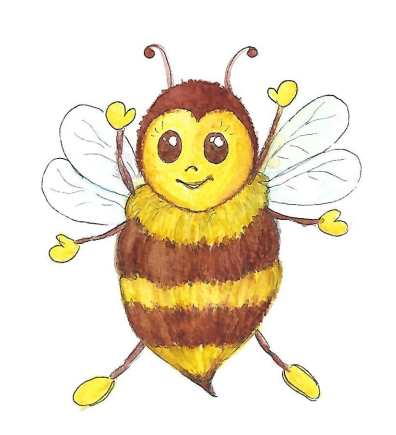 Tecknad humla med gula och bruna ränder, fyra ben, två vingar och hjärtformade händer och fötter.