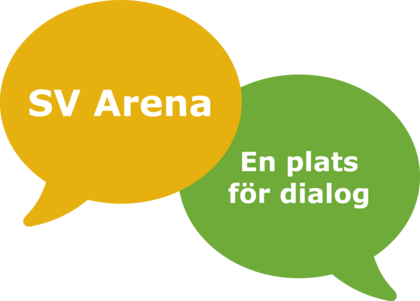 Två pratbubblor, en gul med texten 'SV Arena' och en grön med texten 'En plats för dialog'.