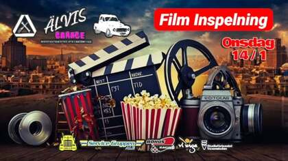 Affisch med filmtema, filmklappa, kamera, popcorn och text om filminspelning den 14 januari.