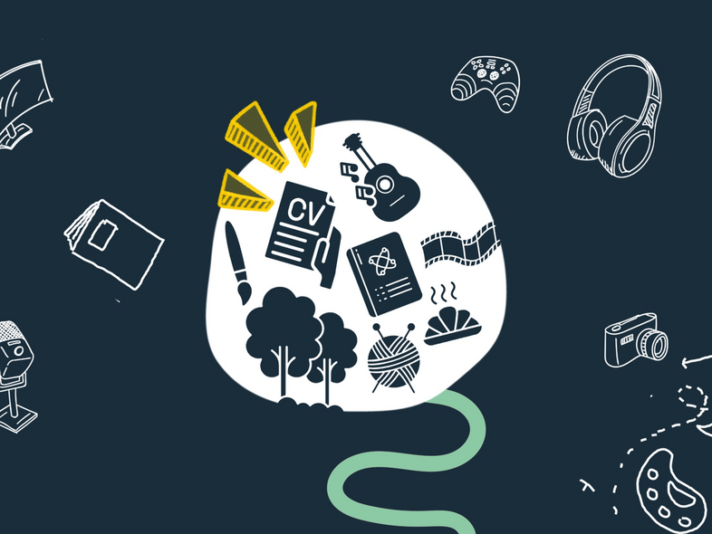 Illustration med olika hobby- och fritidsaktiviteter som musik, konst, natur, matlagning och teknik på mörk bakgrund.