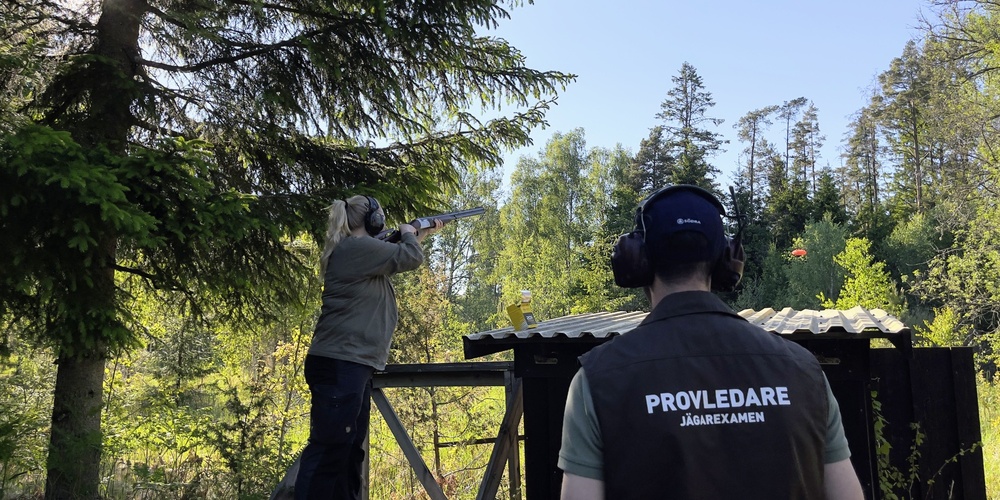 Två personer skjuter lerduvor i en skogsmiljö, en med gevär och en med väst märkt 'Provledare'.