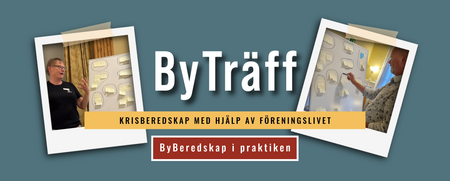 Två personer diskuterar krisberedskap vid en whiteboard med post-it-lappar, texten ByTräff syns i mitten.