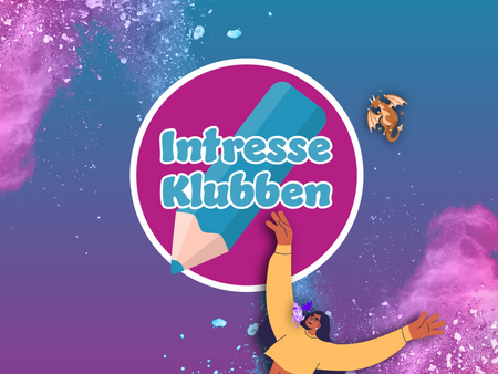 Illustration med texten 'Intresse Klubben', en stor penna, en tecknad person och färgglada färgstänk.