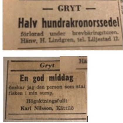 Två gamla tidningsannonser på svenska, en om en förlorad sedel och en om en fisk i sump.