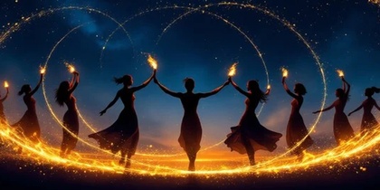 Silhuetter av kvinnor dansar i en cirkel med gnistrande ljus mot en mörk himmel.