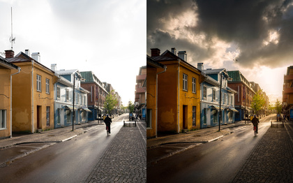 Två versioner av samma gata, en med ljus himmel och en med mörka dramatiska moln, en person går på trottoaren.