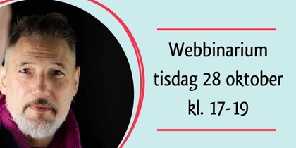 Affisch för webbinarium med porträtt av en man, datum, tid och information om föreläsning om psykisk hälsa.