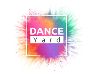 Logotyp med texten 'DANCE Yard' mot en färgglad bakgrund av färgexplosion i rosa, orange, lila och grönt.
