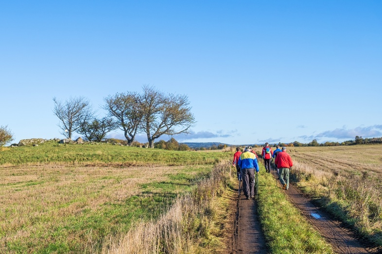 En grupp människor promenerar på en landsväg genom ett öppet fält under klarblå himmel.